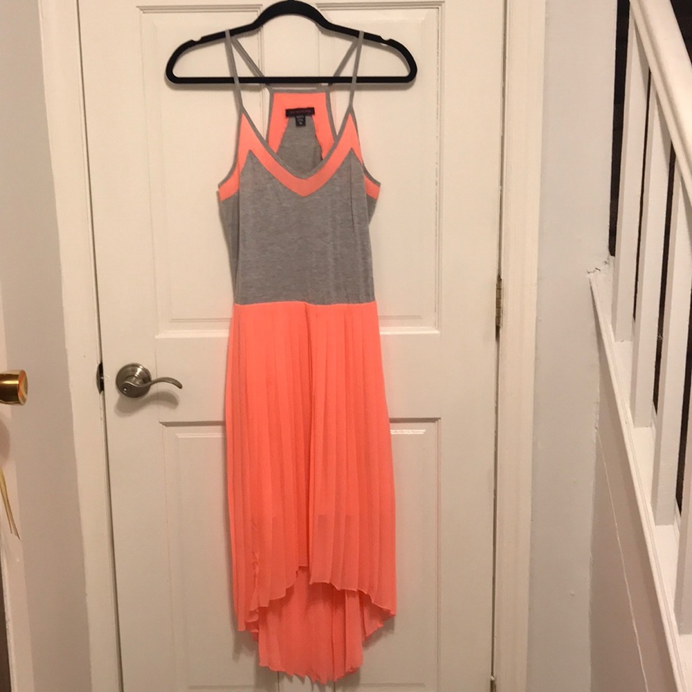 High low coral and grey pleated dress